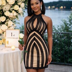 Dave & Johnny Black Nude Crochet Sequin Halter Bodycon Mini Dress Petite Size 00